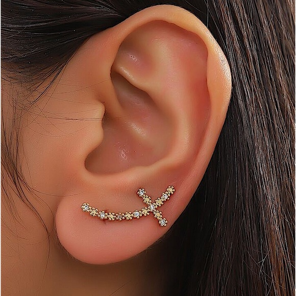 Gold Zircon Daisy Cross Ear Climber, Ear Jacket, Minimalist - Picture 1 of 6